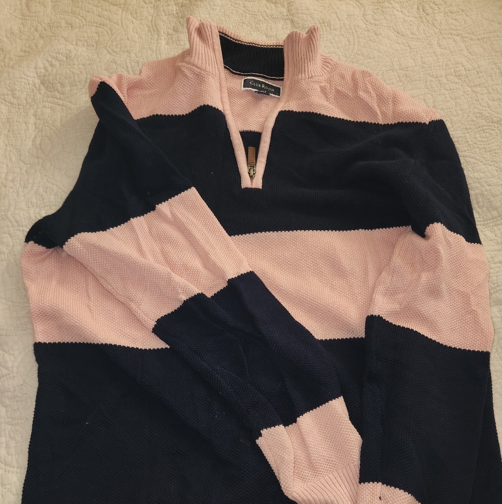 Club Room Pink and Black Striped V-Neck Sweater
